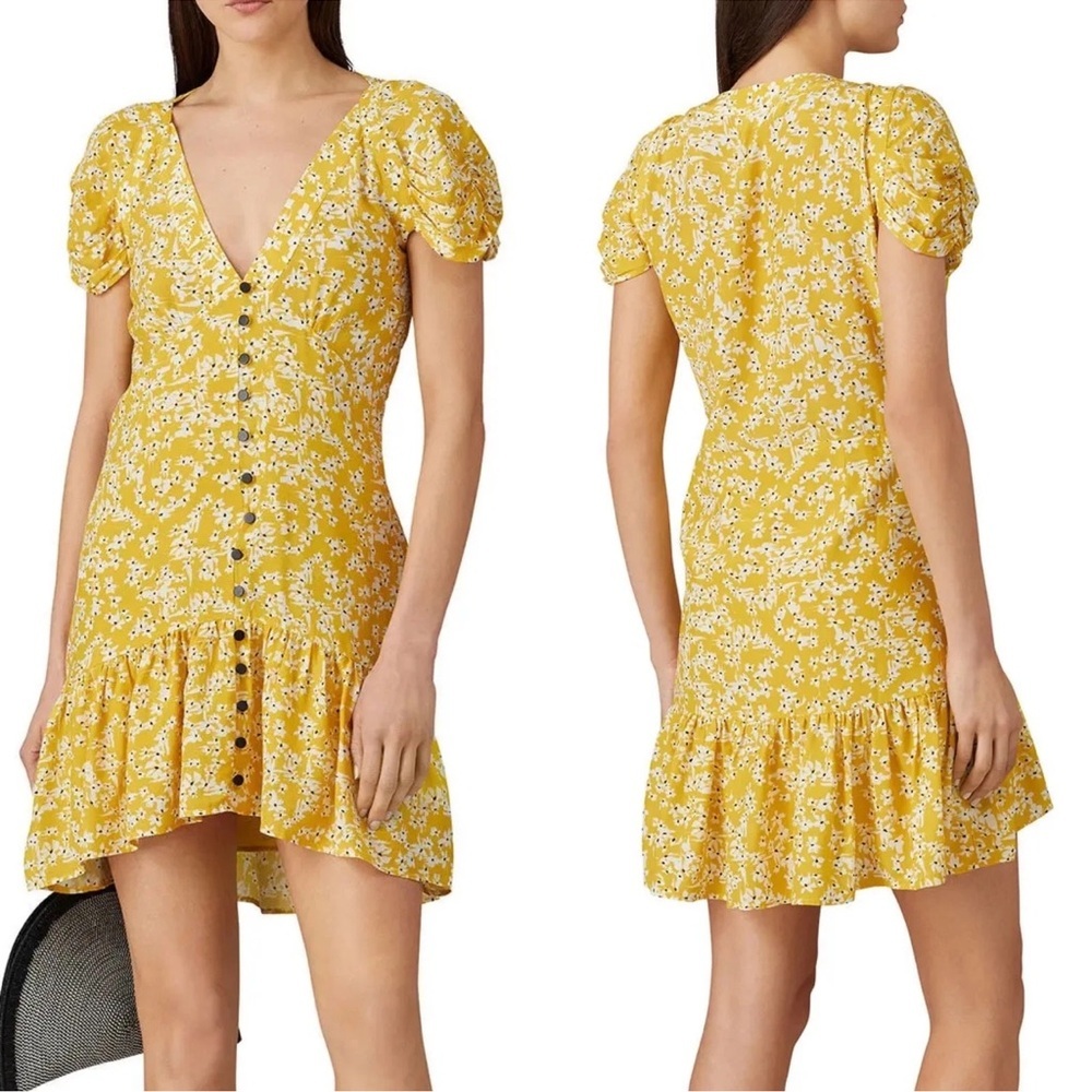 WISH Golden Bloom Floral Crepe V-Neck Short Sleeve Dress Size Small